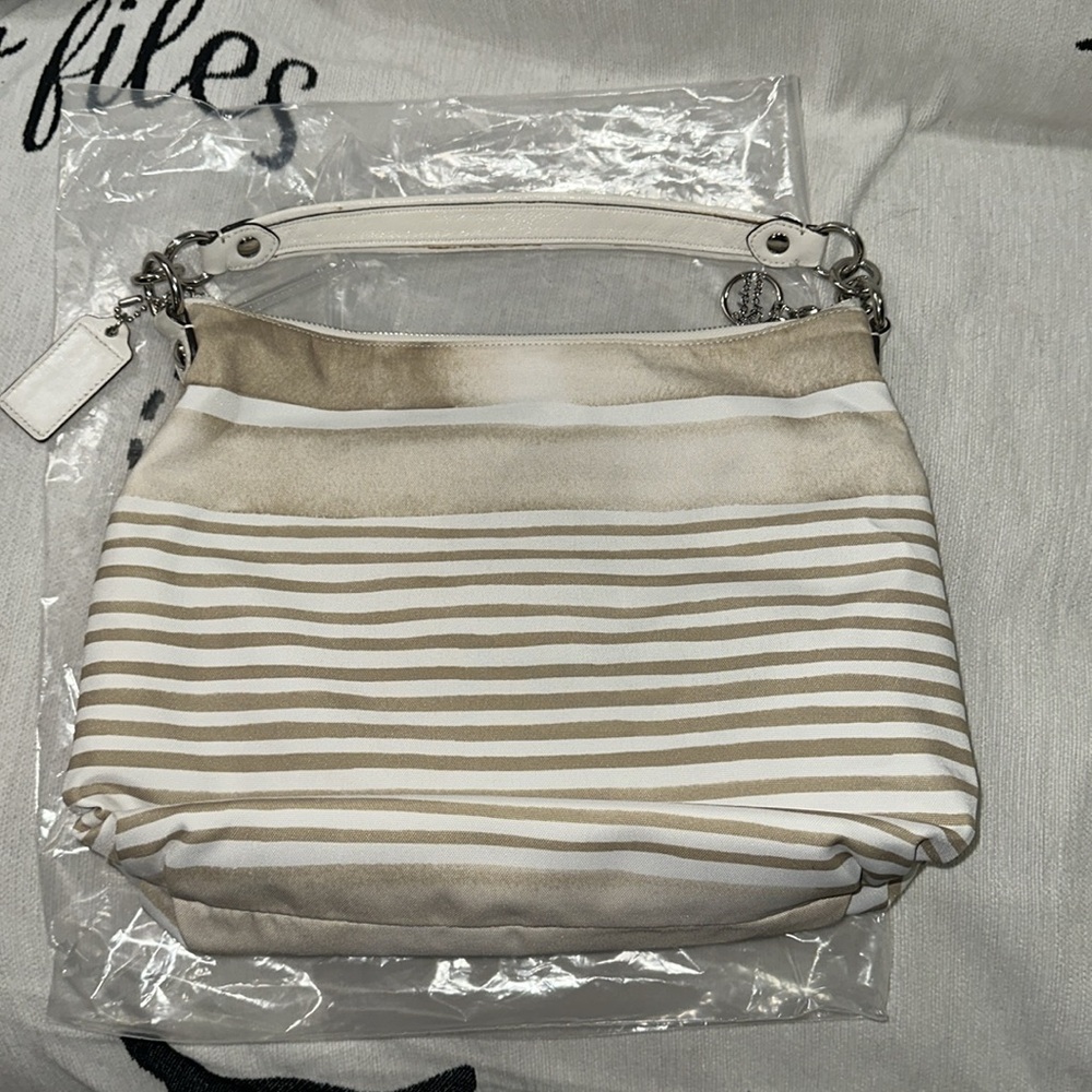 Coach Poppy white tan blue silver 2 way bag 💕 - Picture 2 of 16